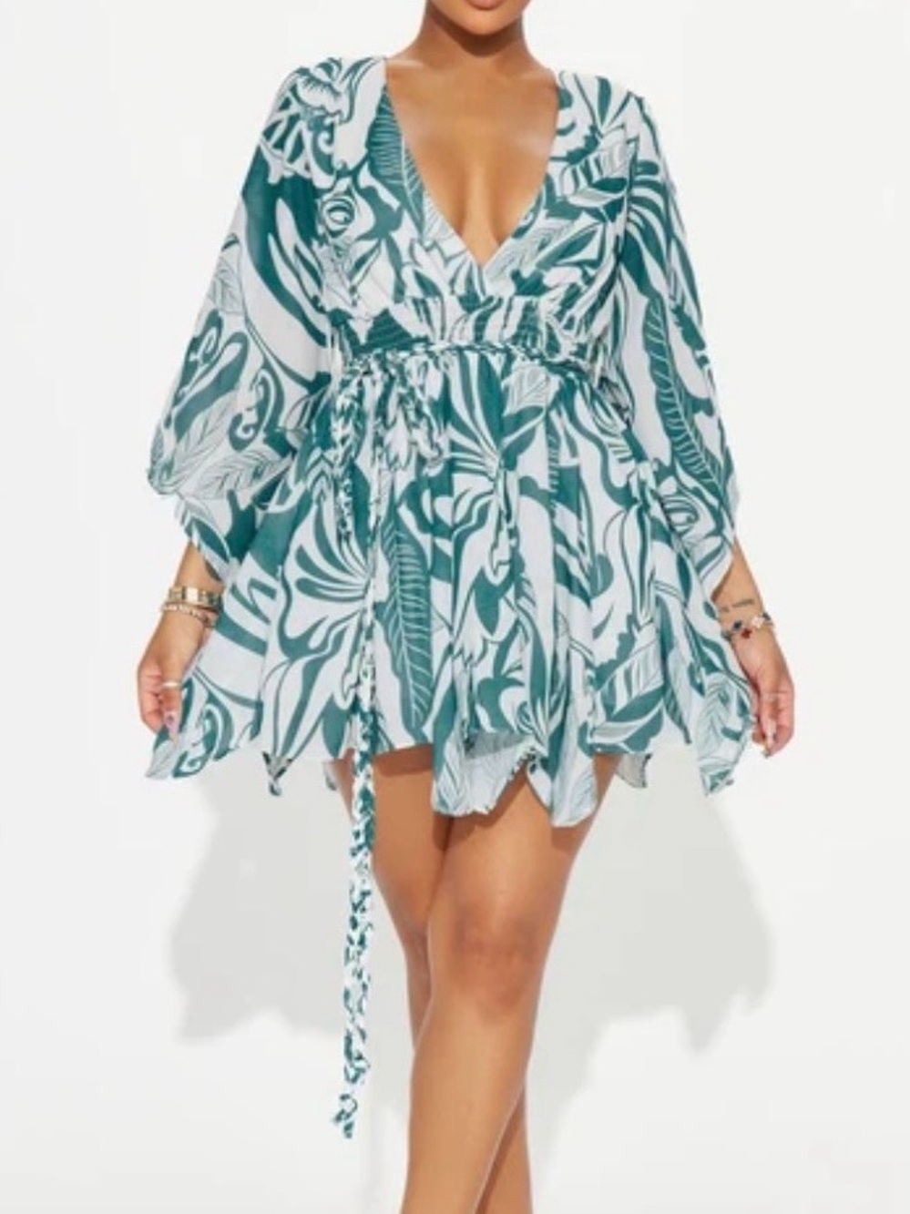Teal and White Tropical Mini Dress with Tie waist